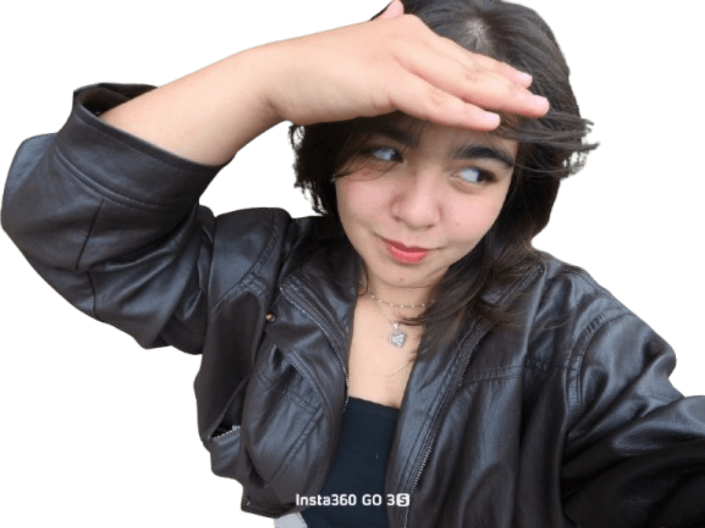 Mikhi shading their eyes with one hand and glancing to the side